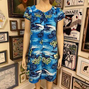 80s Vintage Hukilau Fashions Blue Green Hawaiian Floral Print Short Sleeve Dress